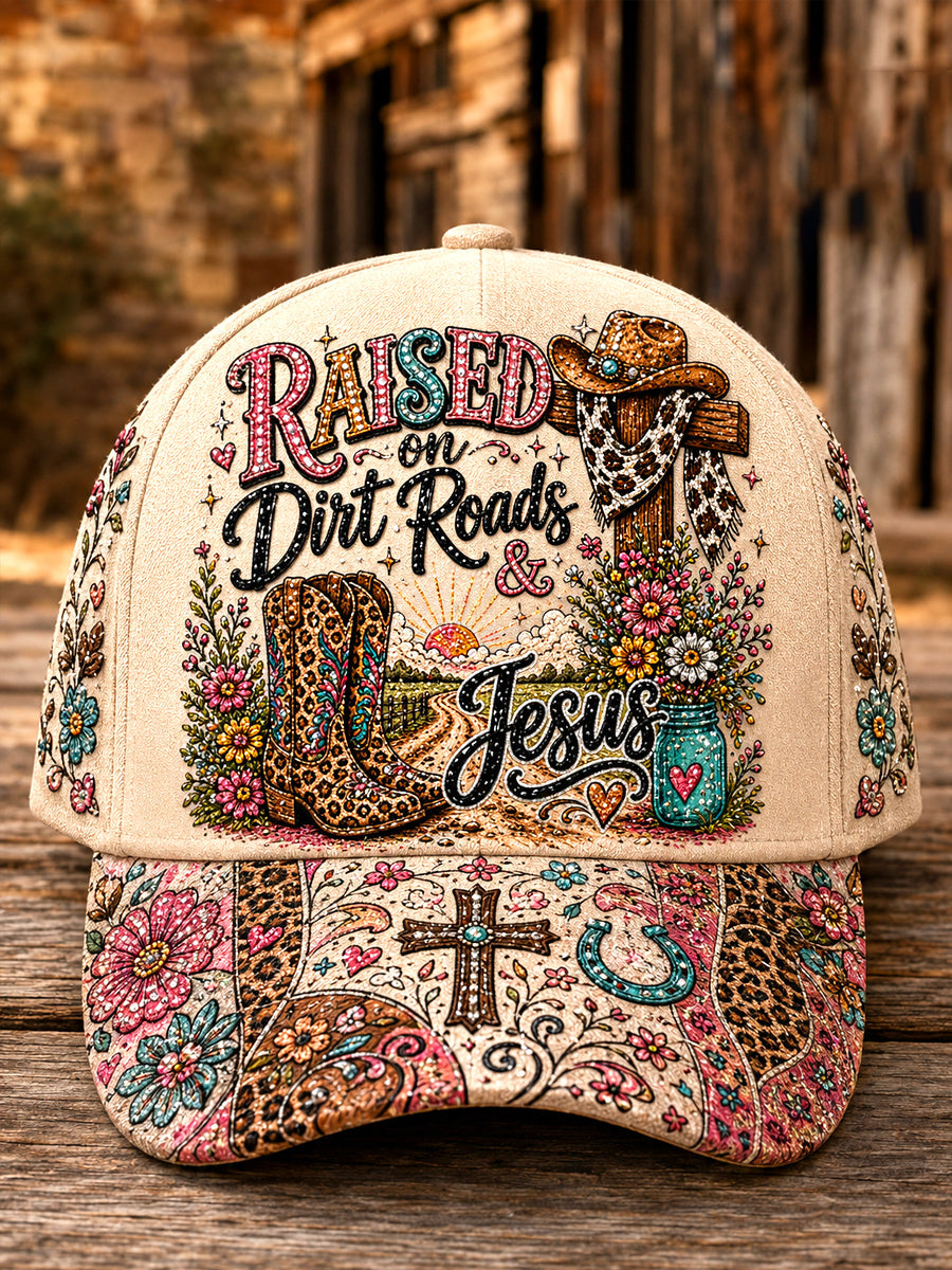 Unisex Retro Western Raised On Dirt Roads And Jesus Print Hat