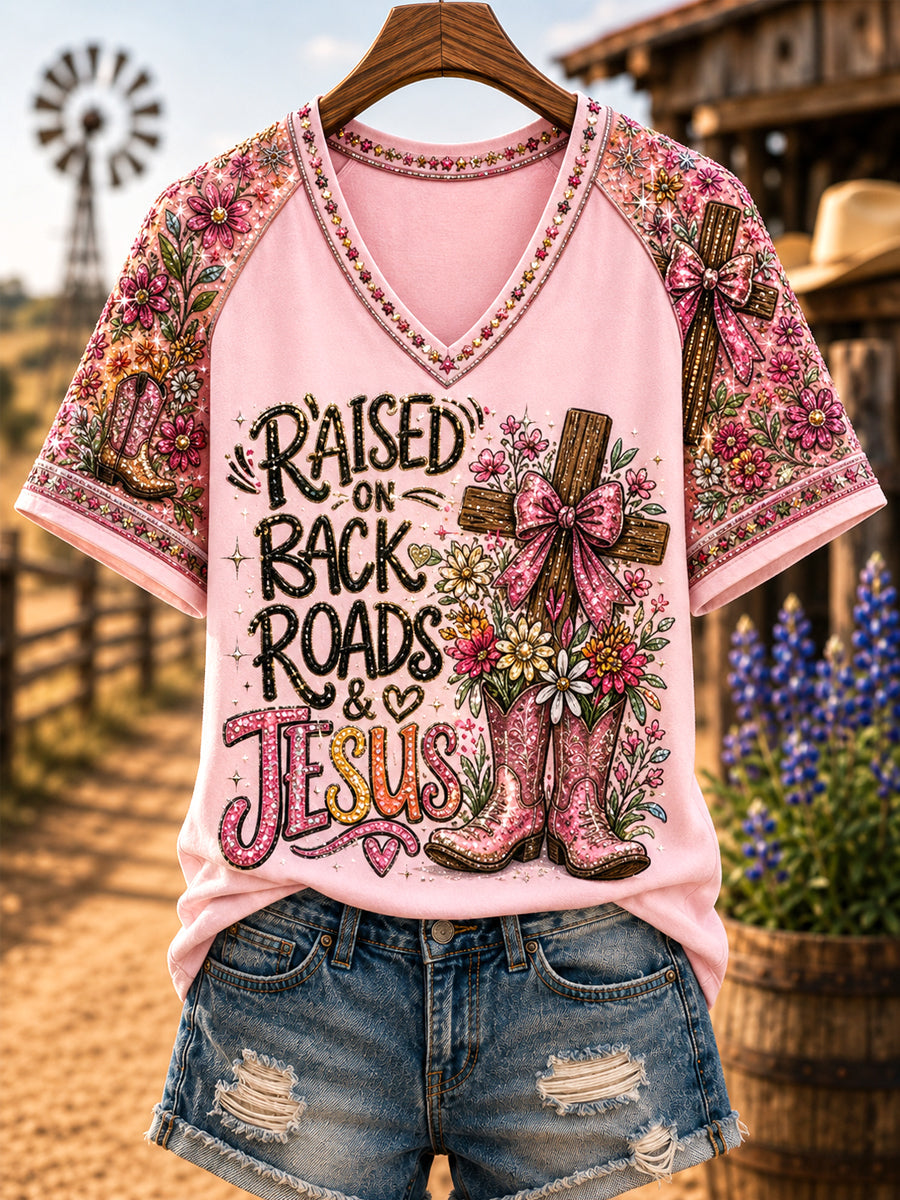 Women's Retro Western Raised On Dirt Roads And Jesus Print Casual V-Neck Tee