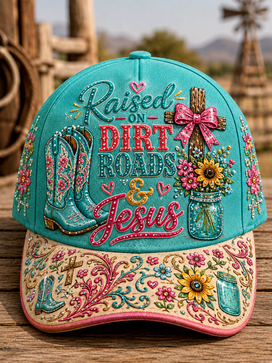 Unisex Retro Western Raised On Dirt Roads And Jesus Print Hat