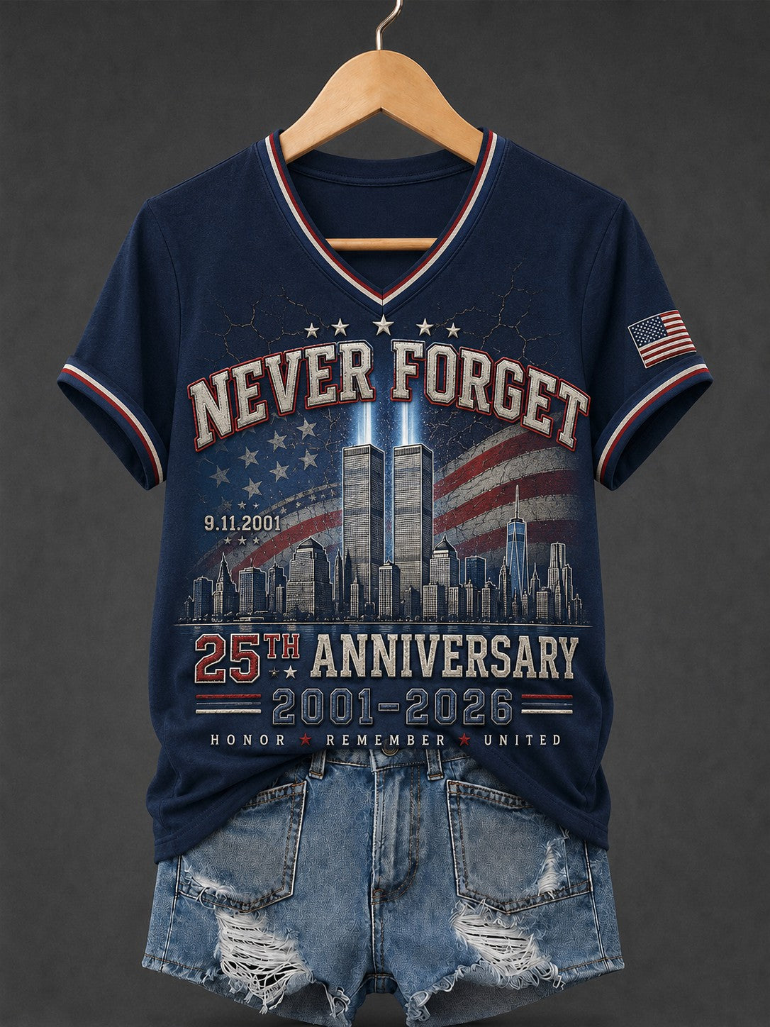Women's 9.11 Never Forget Printed V-neck T-shirt