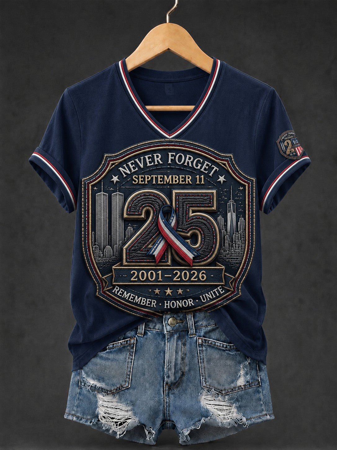 Women's 9.11 Never Forget Printed V-neck T-shirt