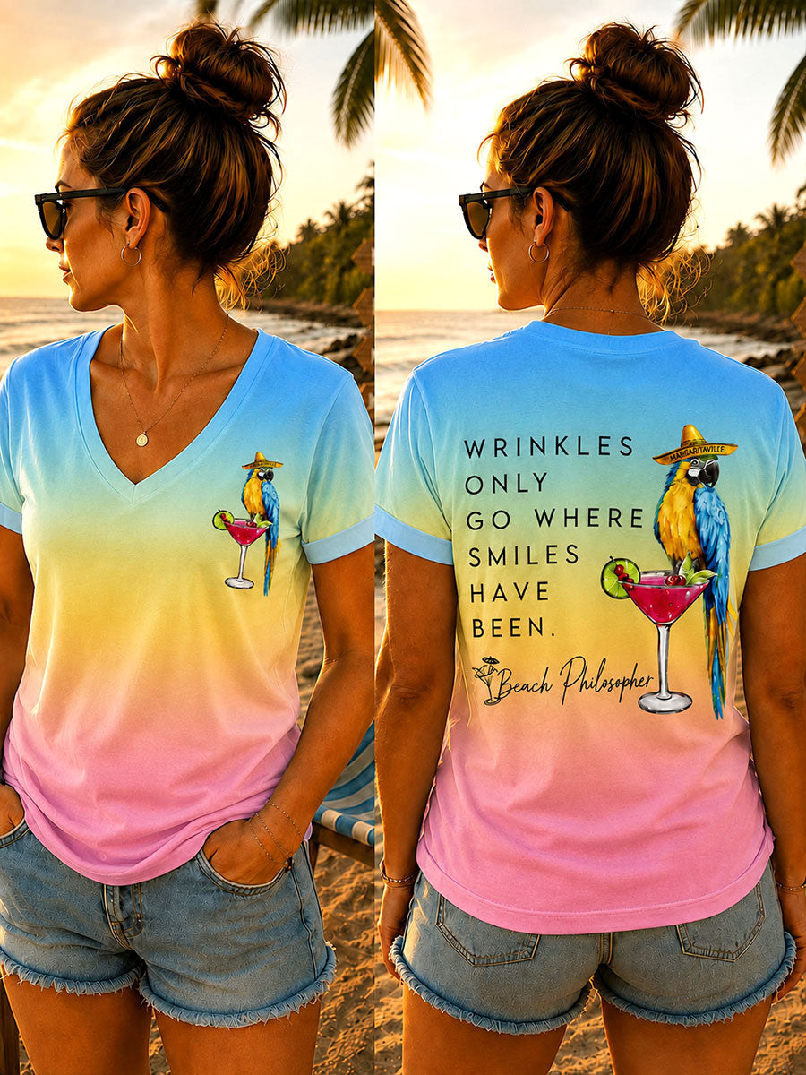 Women's "Wrinkles Only go Where Smiles Have Been" V-neck T-shirts