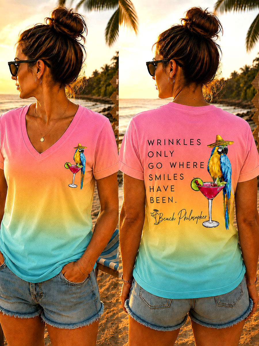 Women's "Wrinkles Only go Where Smiles Have Been" V-neck T-shirts