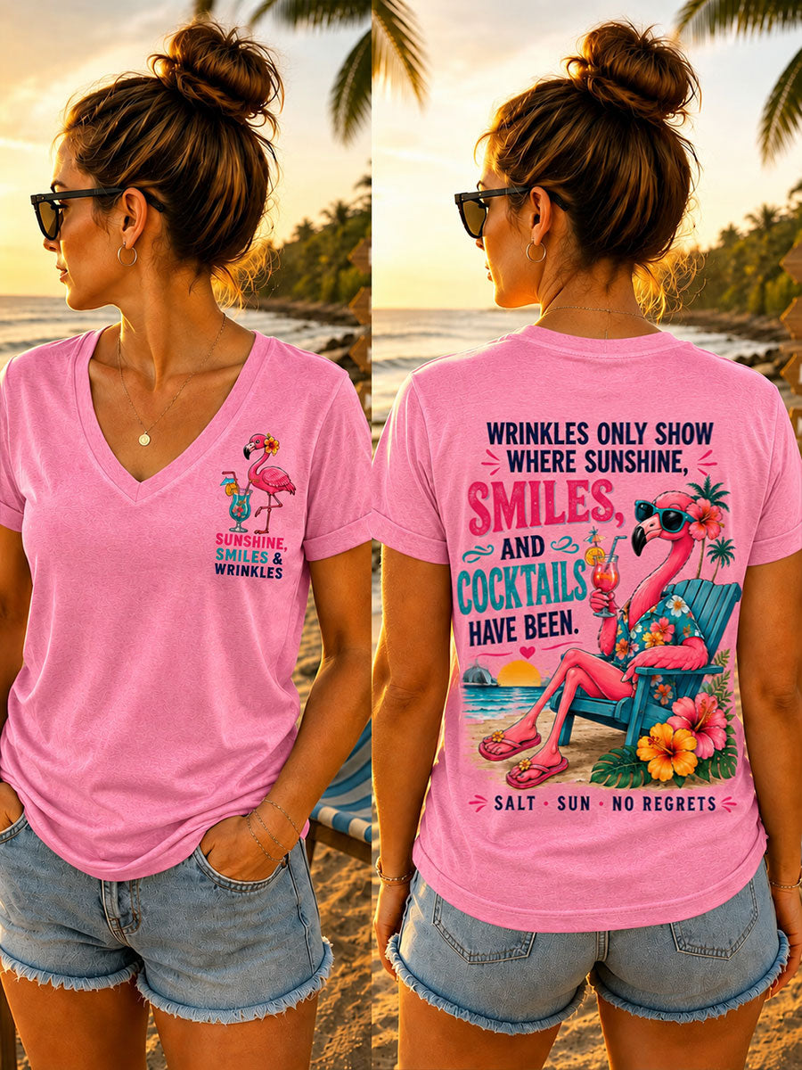 Women's "Wrinkles Only Show Where Sunshine, Smiles and Cocktails Have Been" V-Neck T-Shirts
