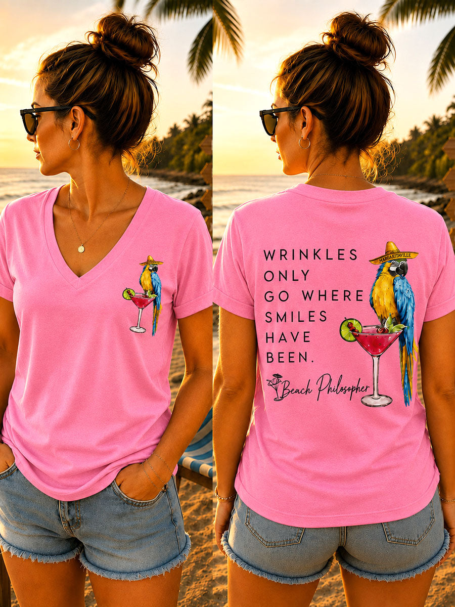Women's "Wrinkles Only go Where Smiles Have Been" V-neck T-shirts