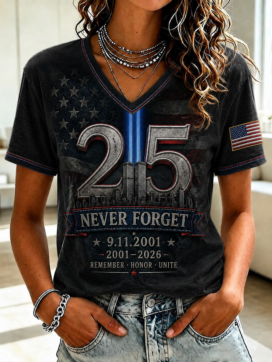 Women's 9.11 Never Forget Printed V-neck T-shirt