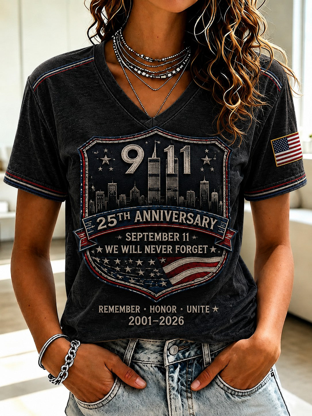 Women's 9.11 Never Forget Printed V-neck T-shirt