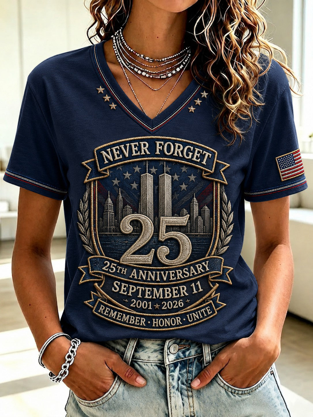 Women's 9.11 Never Forget Printed V-neck T-shirt