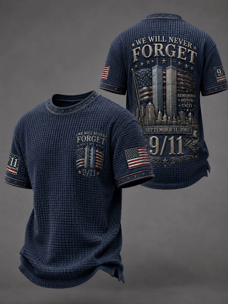 Men's WE WILL NEVER FORGET 9/11 25 YEARS 2001-2026 Waffle  Tee