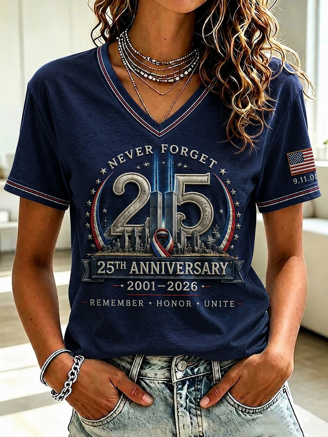 Women's 9.11 Never Forget Printed V-neck T-shirt