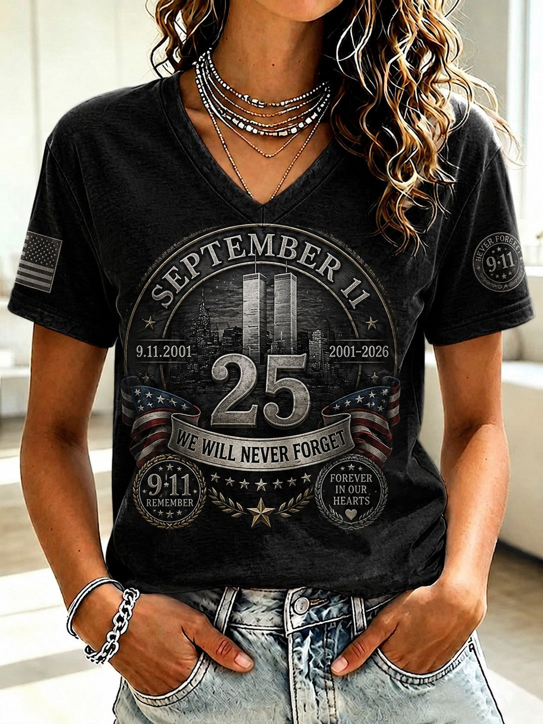 Women's 9.11 Never Forget Printed V-neck T-shirt