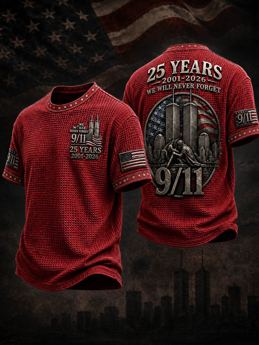 Men's WE WILL NEVER FORGET 9/11 25 YEARS 2001-2026 Waffle  Tee