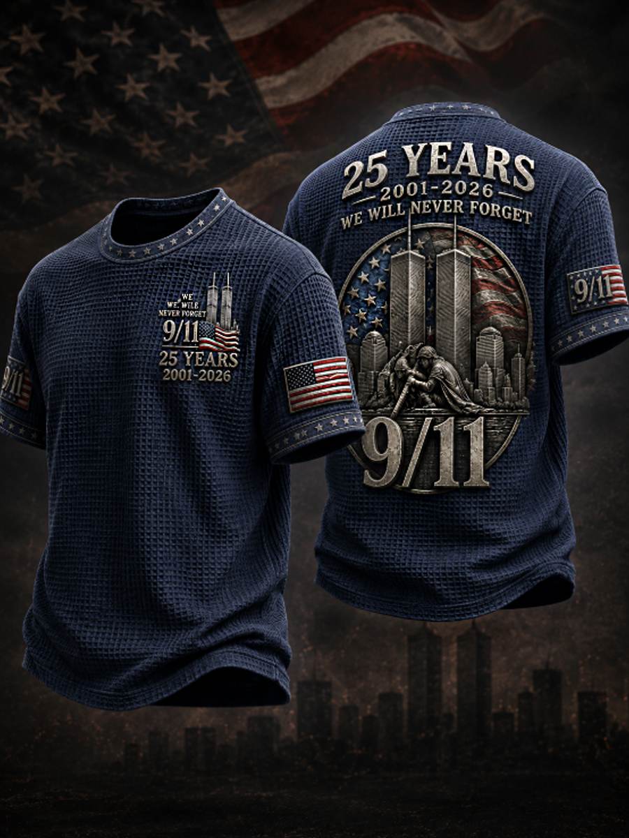 Men's WE WILL NEVER FORGET 9/11 25 YEARS 2001-2026 Waffle  Tee