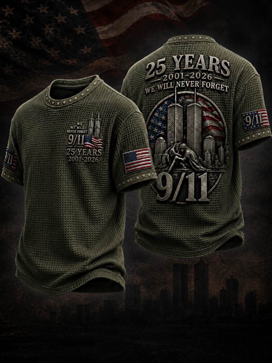 Men's WE WILL NEVER FORGET 9/11 25 YEARS 2001-2026 Waffle  Tee