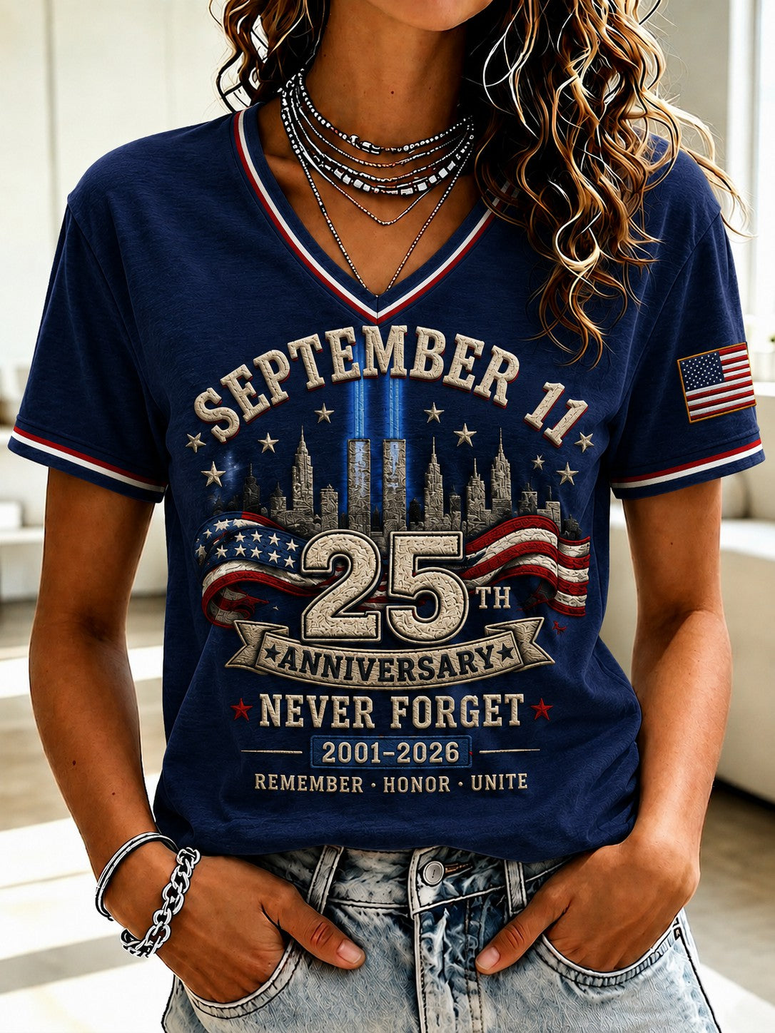 Women's 9.11 Never Forget Printed V-neck T-shirt