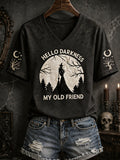 Women's Funny Halloween Hello Darkness My Old Friend Witch Print Casual V-Neck Tee