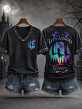 Women's Funny Halloween Witches Print Casual V-Neck Tee