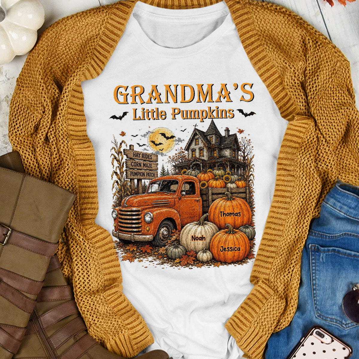 Retro Vintage Farmhouse Halloween Town Style Grandma's Little Pumpkins Truck - Personalized Shirt - Halloween Gift For Grandma
