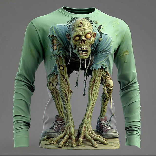 Halloween Men's Optical Illusion Zombies Horror Shirt Button Up Shirt Long Sleeve Dark Punk Gothic Style Outdoor Holiday Summer Spring Turndown 3D Print Collared Shirts Blue Purple Green