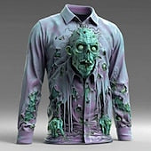 Halloween Men's Optical Illusion Zombies Horror Shirt Button Up Shirt Long Sleeve Dark Punk Gothic Style Outdoor Holiday Summer Spring Turndown 3D Print Collared Shirts Blue Purple Green