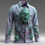 Halloween Men's Optical Illusion Zombies Horror Shirt Button Up Shirt Long Sleeve Dark Punk Gothic Style Outdoor Holiday Summer Spring Turndown 3D Print Collared Shirts Blue Purple Green