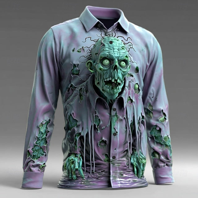 Halloween Men's Optical Illusion Zombies Horror Shirt Button Up Shirt Long Sleeve Dark Punk Gothic Style Outdoor Holiday Summer Spring Turndown 3D Print Collared Shirts Blue Purple Green