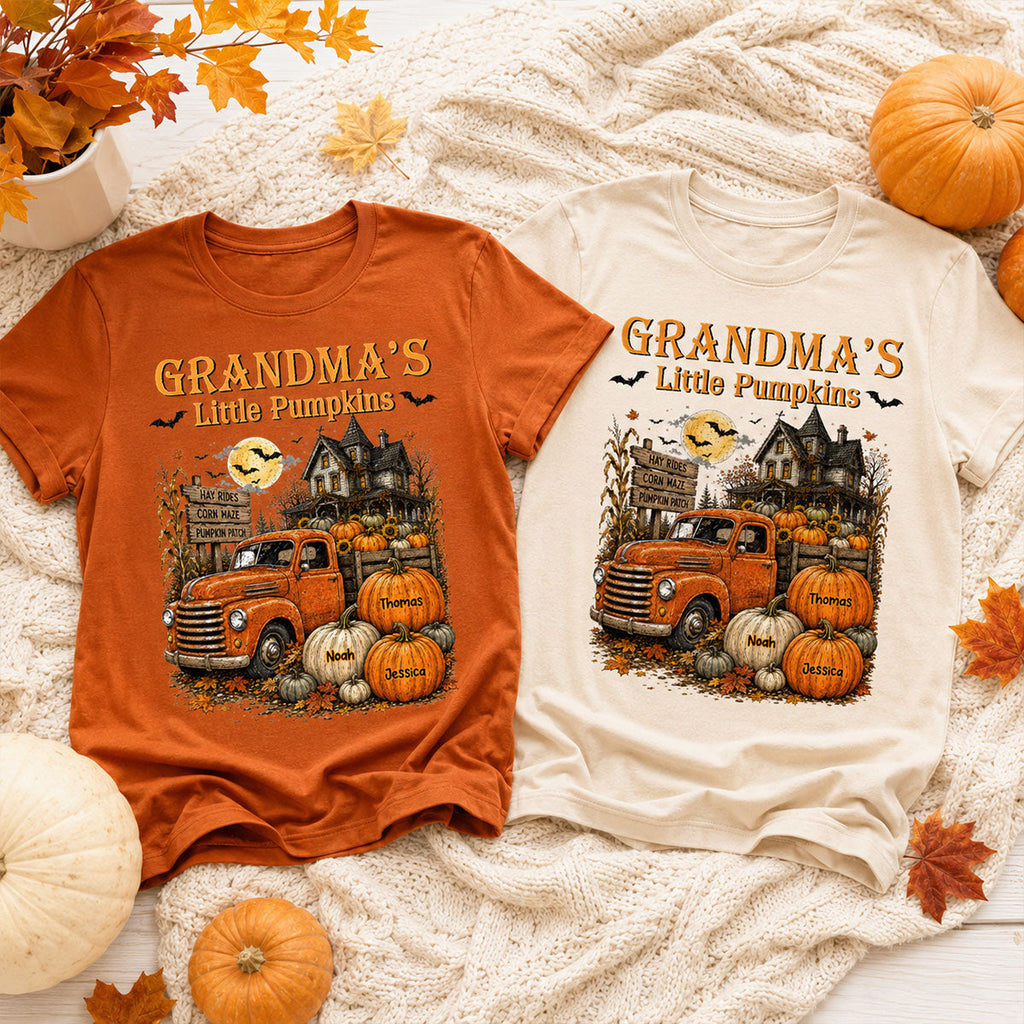 Retro Vintage Farmhouse Halloween Town Style Grandma's Little Pumpkins Truck - Personalized Shirt - Halloween Gift For Grandma
